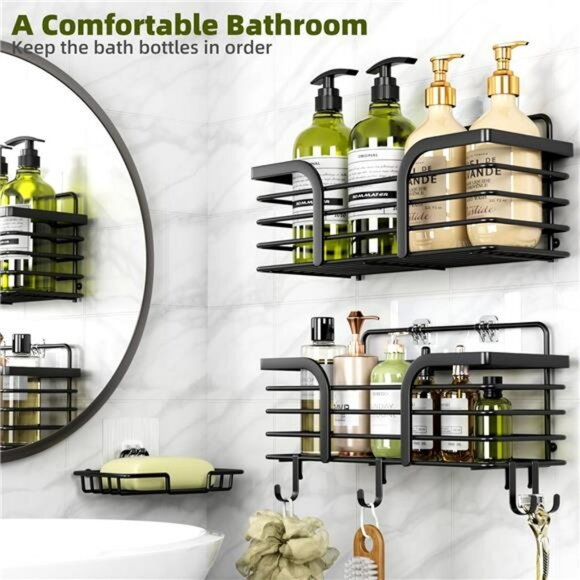 Rustproof Shower Caddy Set Adhesive Wall Shelf Soap Dish Bathroom Organizer - Picture 3 of 7
